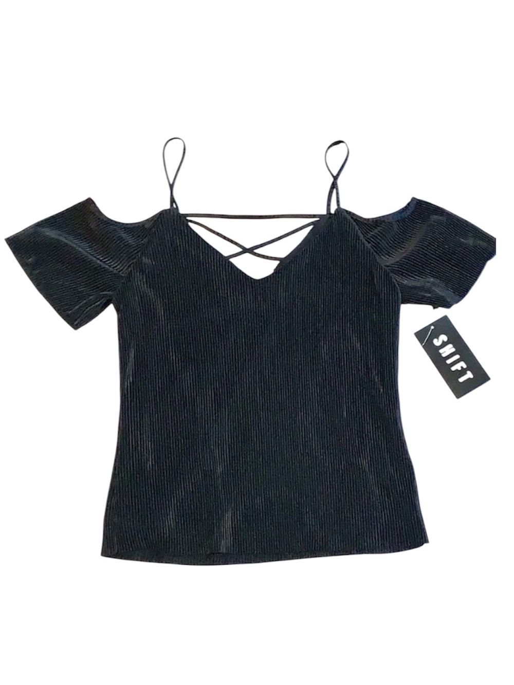 SHIFT Black Shiny Textured Stripe Strappy Crisscross Cut Out Cold Shoulder Top S
